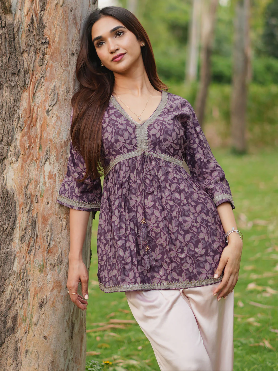 291580R.webp Purple Printed Silk Blend A-line Kurti - Image 1
