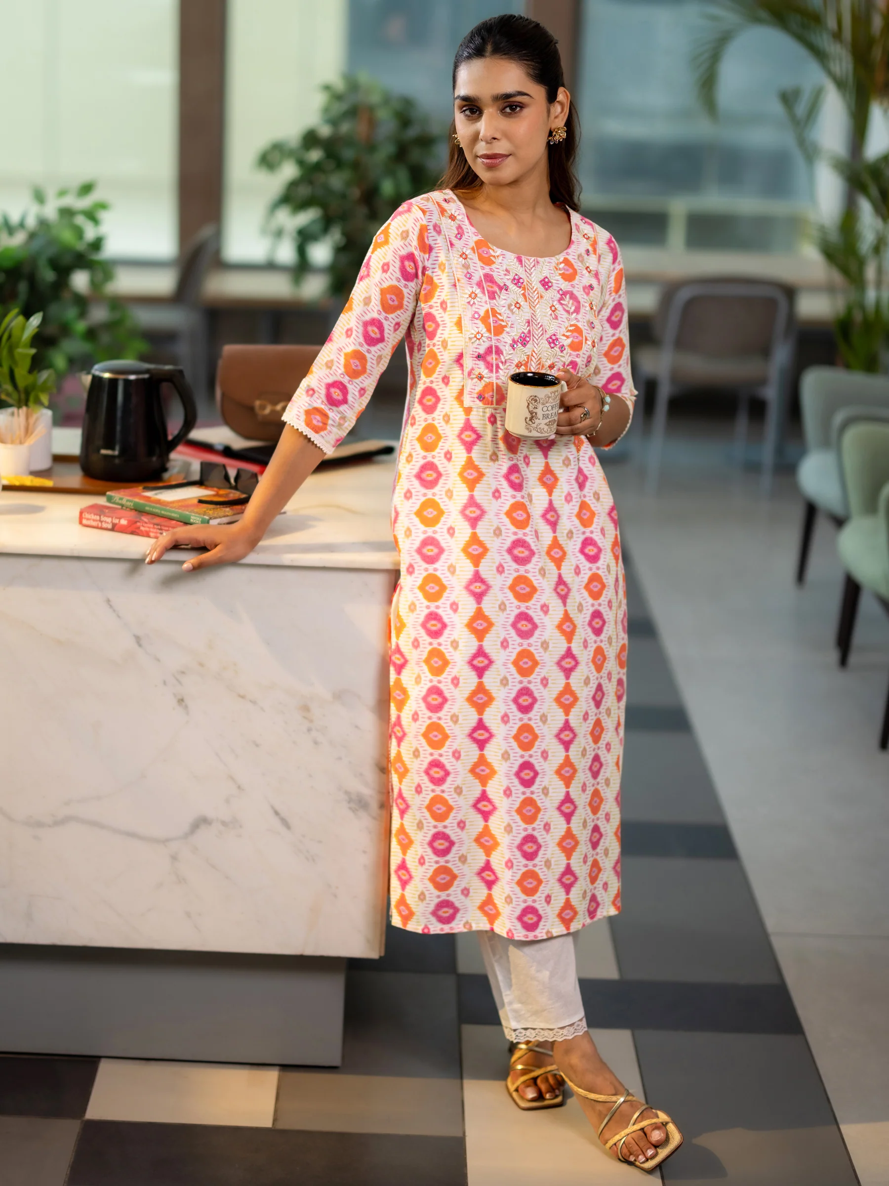 29486O_main.webp Orange Printed Silk Blend Straight Kurta - Image 1