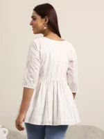 Off White Printed Cotton Anarkali Short Kurti - Image 2