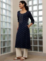 Blue Woven Design Cotton Straight Kurtas - Image 2