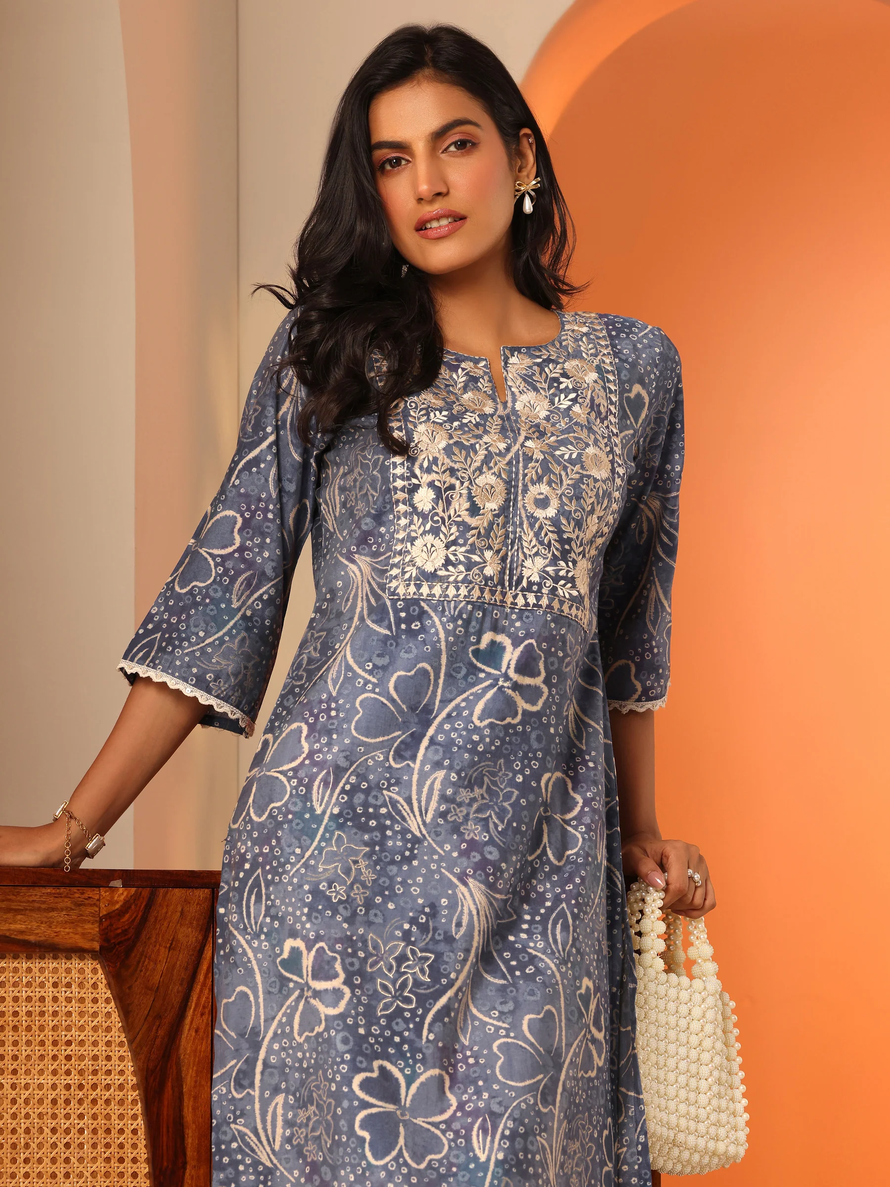29825_6MAIN.webp Blue Printed Silk Blend Straight Kurta - Image 1