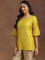 Yellow Solid Silk Blend Straight Kurti - Image 2