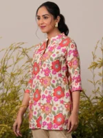Cream Printed Silk Blend A-Line Kurti - Image 3