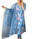 Women's Sky Organza with Cotton Lining Embroidered and Printed Straight Kurta with Rayon Pant and Organza Laced Dupatta Sets
