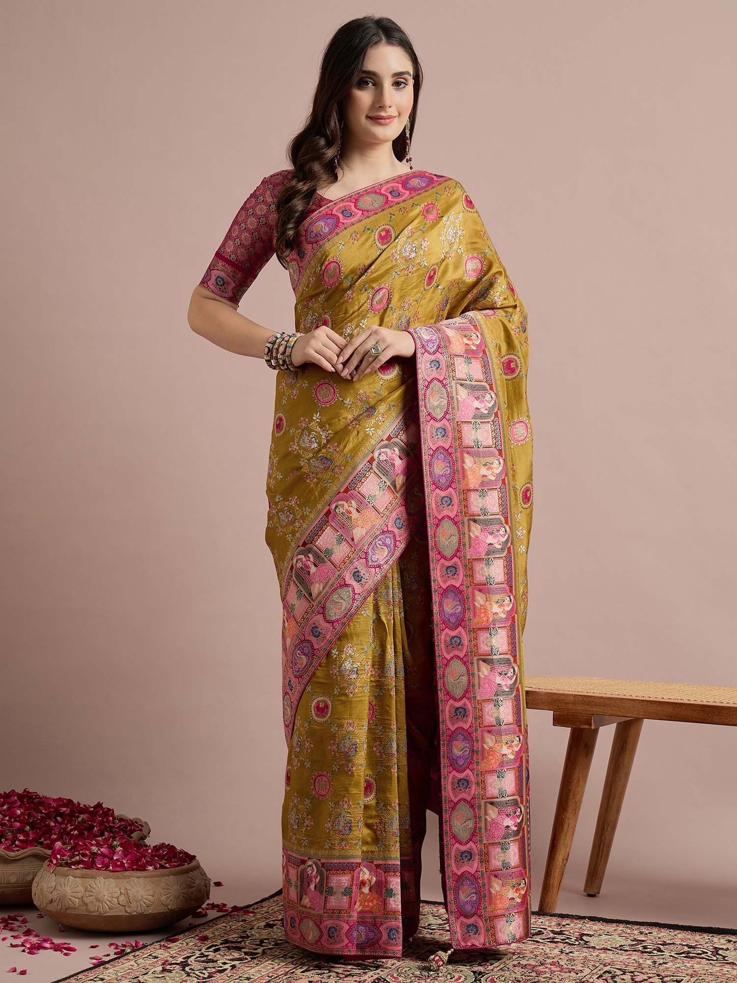 6a4488fMSTANI160BHSOlive_1.jpg Mustard Woven Viscose Saree with Unstitched Blouse - Image 1