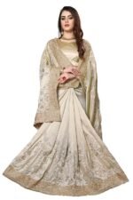 Beige Mayo Silk Zari Resham Stone Embroidery Work Saree with Blouse Piece - Image 3
