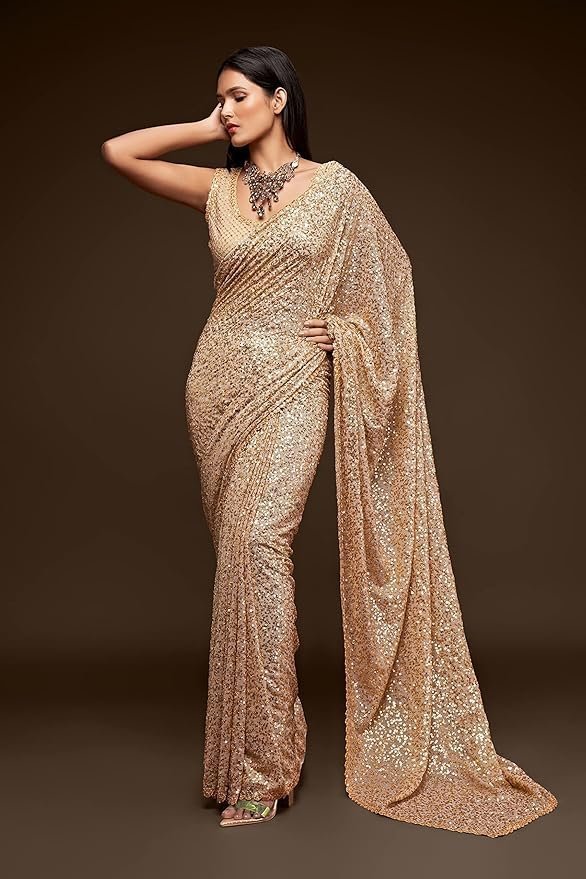 81c8D4ldzwL._SY879_-1.jpg Women's Sequins Work Heavy Georgette Saree With Unstitched Blouse Peice (Latest-Sequins-Party-Saree, Free, Many Colors) - Image 1