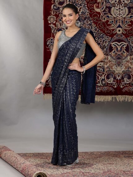 Silver and Blue Sequin Embellished Crop Top and Pre-Stitched Saree (Set of 2)