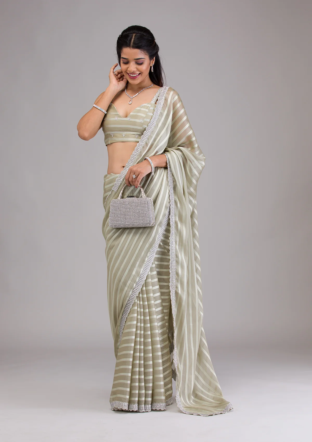 Pista Green Stonework Semi Crepe Saree - Image 1